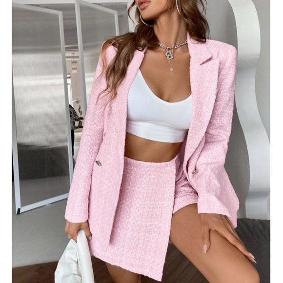 Pink Tweed Double Breasted Blazer Chic Classy - Picture 9 of 14